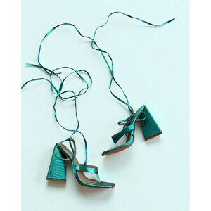 EGO Teal Metallic Lace Up Block Heels Sandals Size UK 7 / US 9